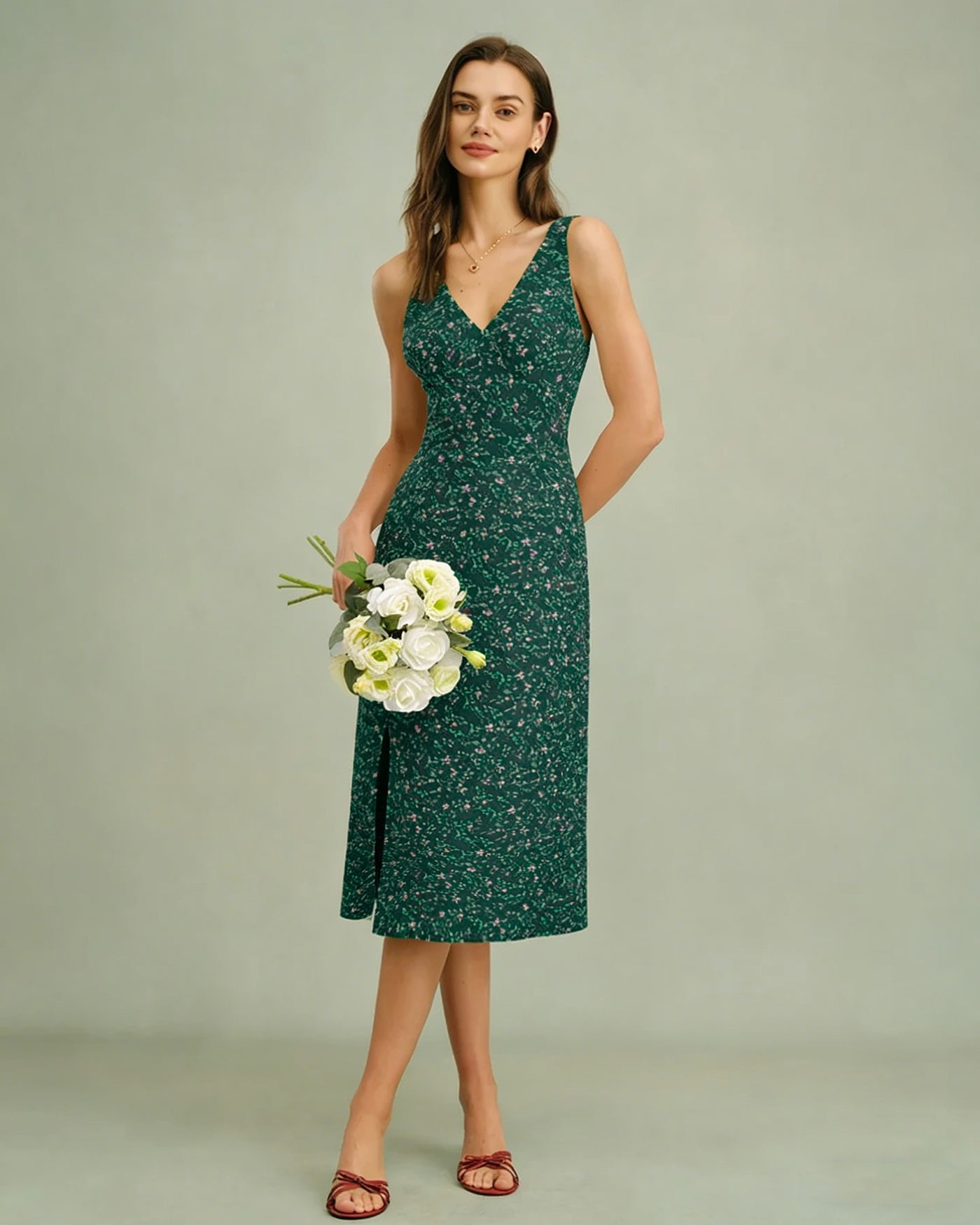 Green V Neck Floral Midi Dress | Rihoas