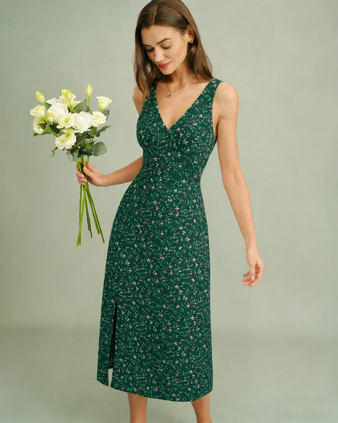 Green V Neck Floral Midi Dress | Rihoas