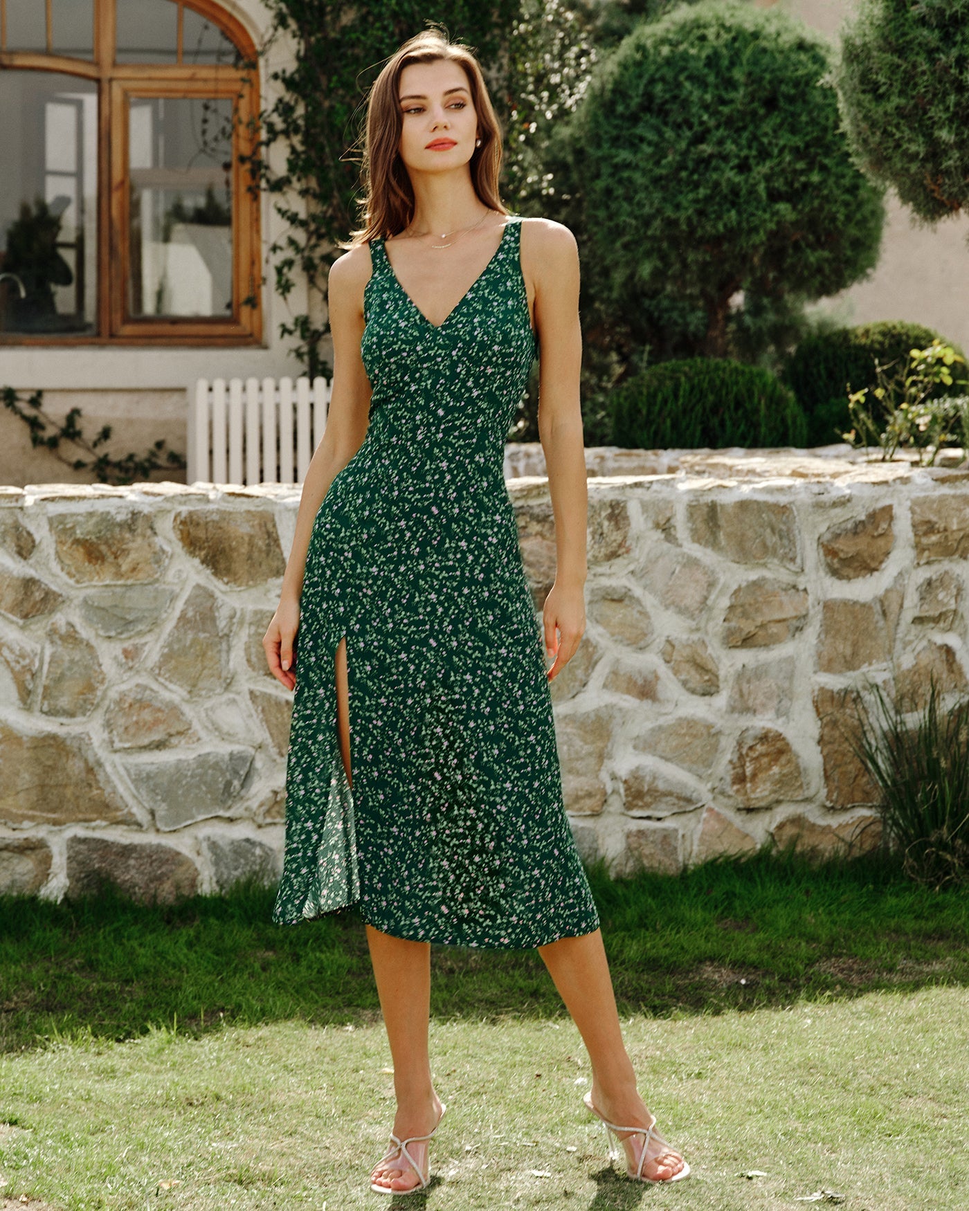 Green V Neck Floral Midi Dress | Rihoas