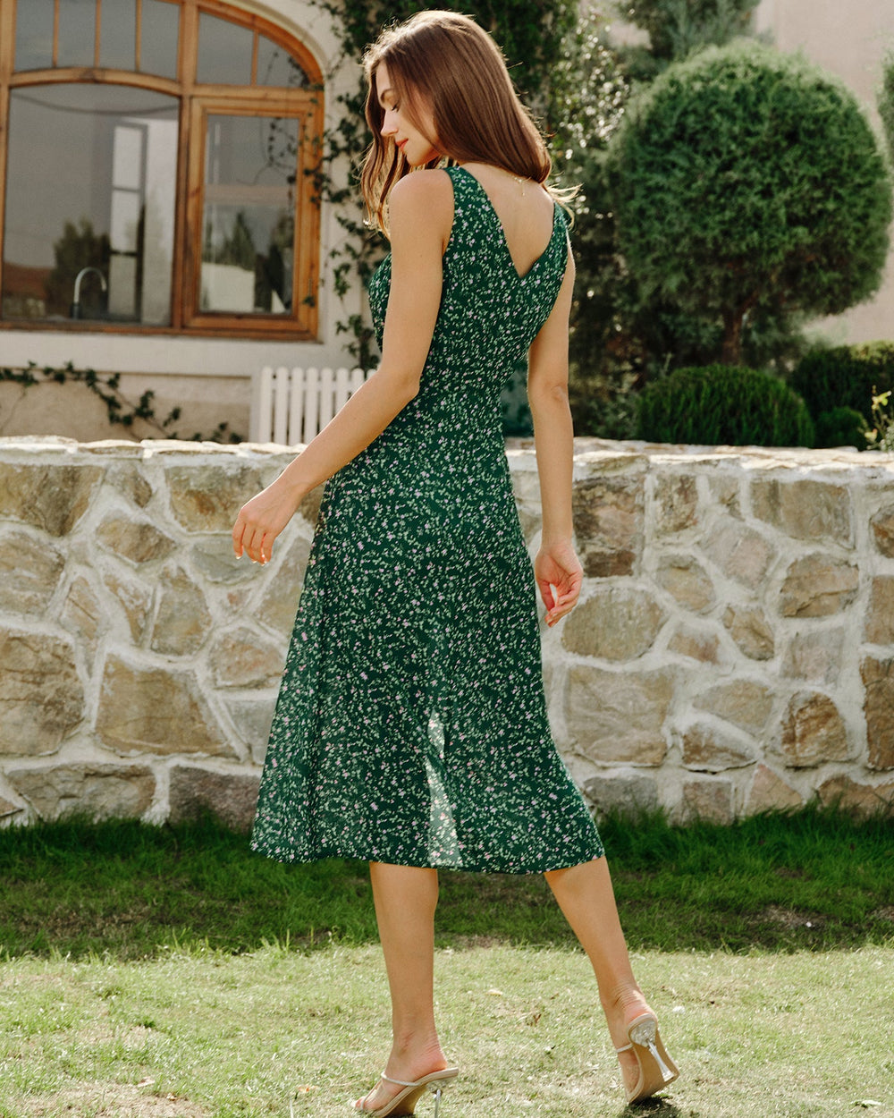 Green V Neck Floral Midi Dress | Rihoas