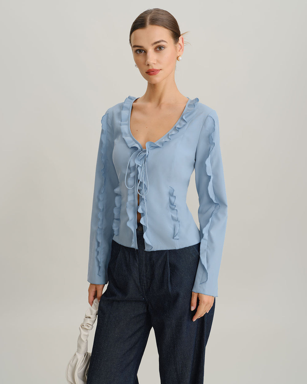 Blue Ruffle V Neck Button Blouse | Rihoas