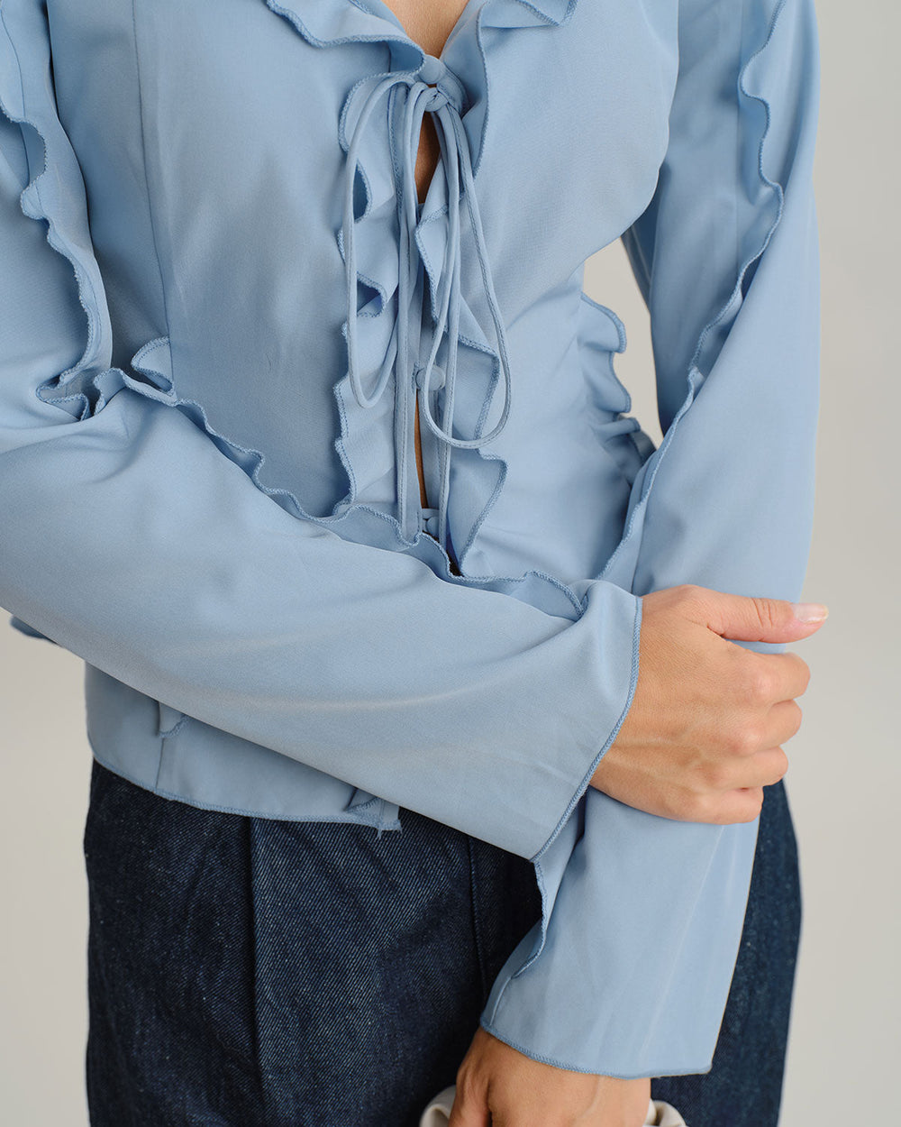 Blue Ruffle V Neck Button Blouse | Rihoas