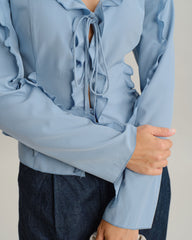 Blue Ruffle V Neck Button Blouse | Rihoas