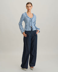 Blue Ruffle V Neck Button Blouse | Rihoas