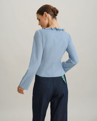 Blue Ruffle V Neck Button Blouse | Rihoas
