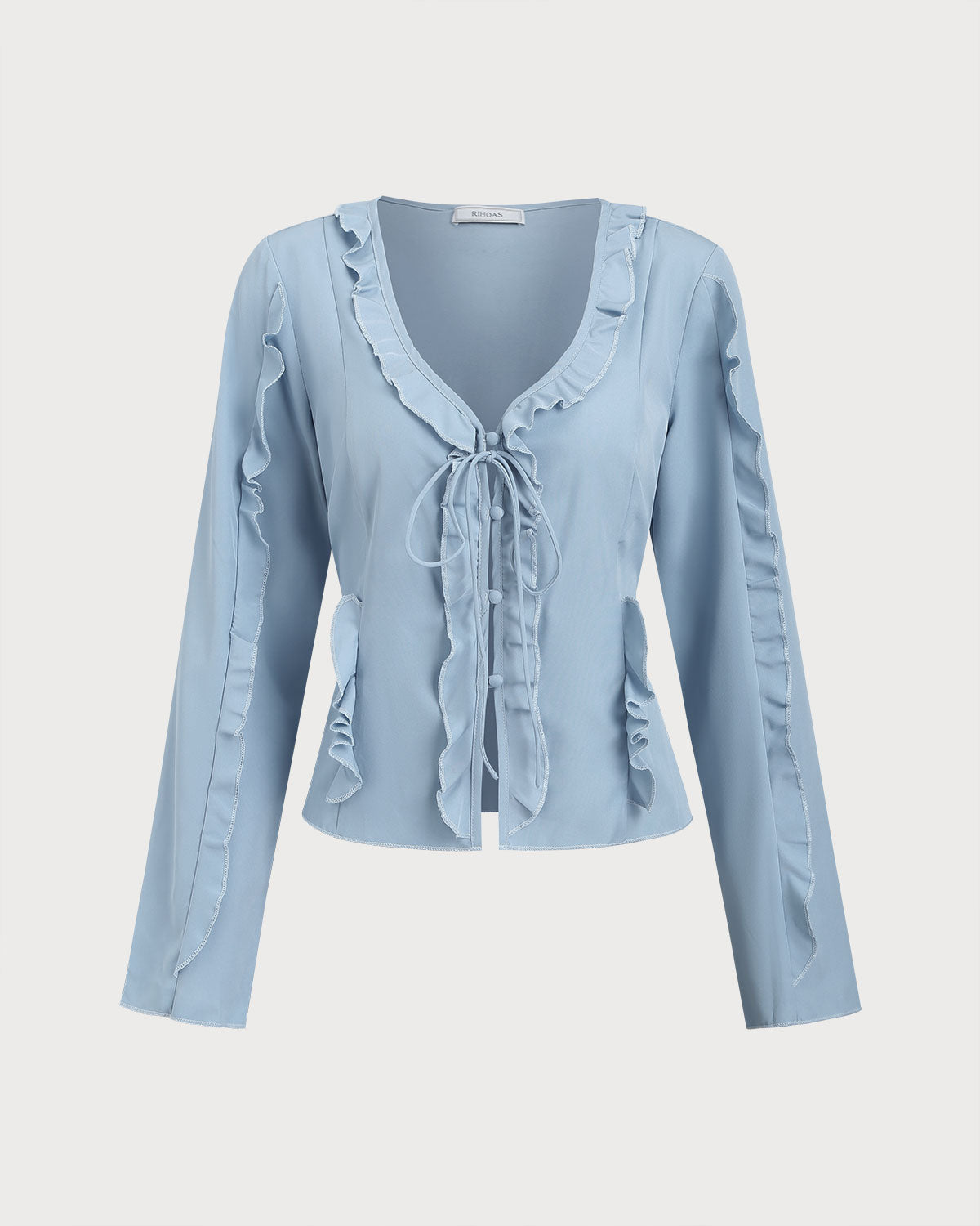 Blue Ruffle V Neck Button Blouse | Rihoas