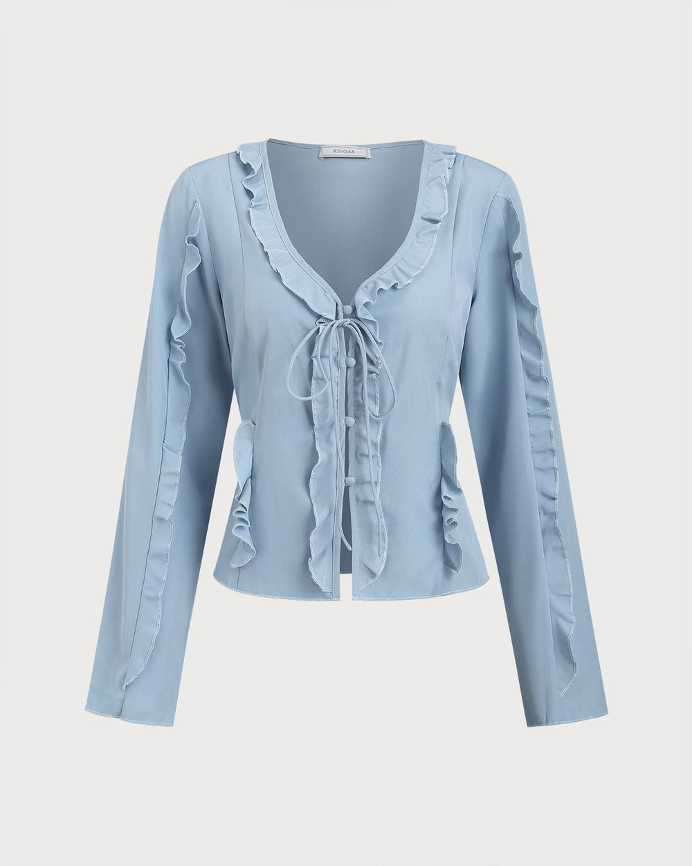 Blue Ruffle V Neck Button Blouse | Rihoas