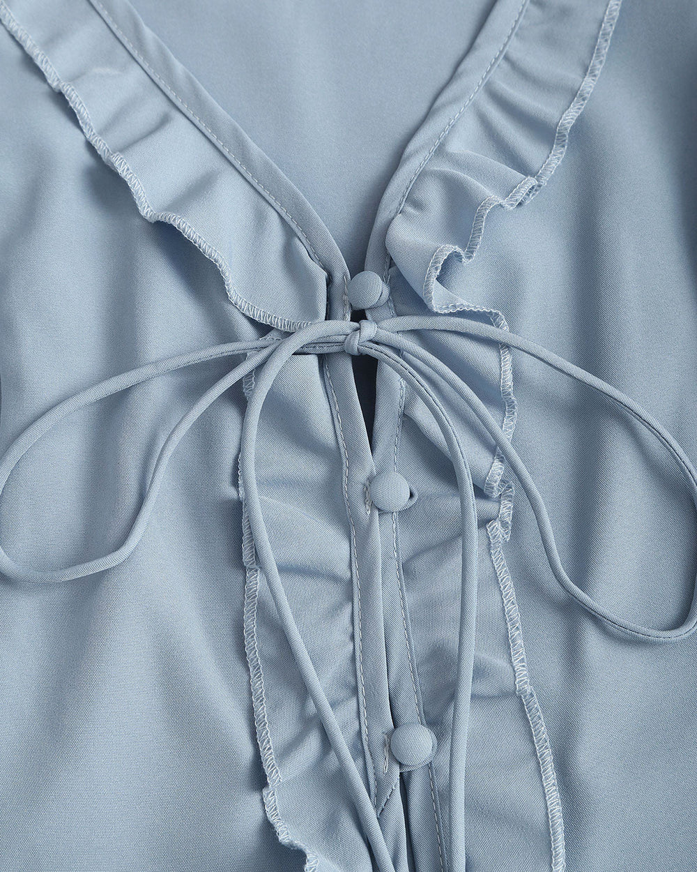 Blue Ruffle V Neck Button Blouse | Rihoas