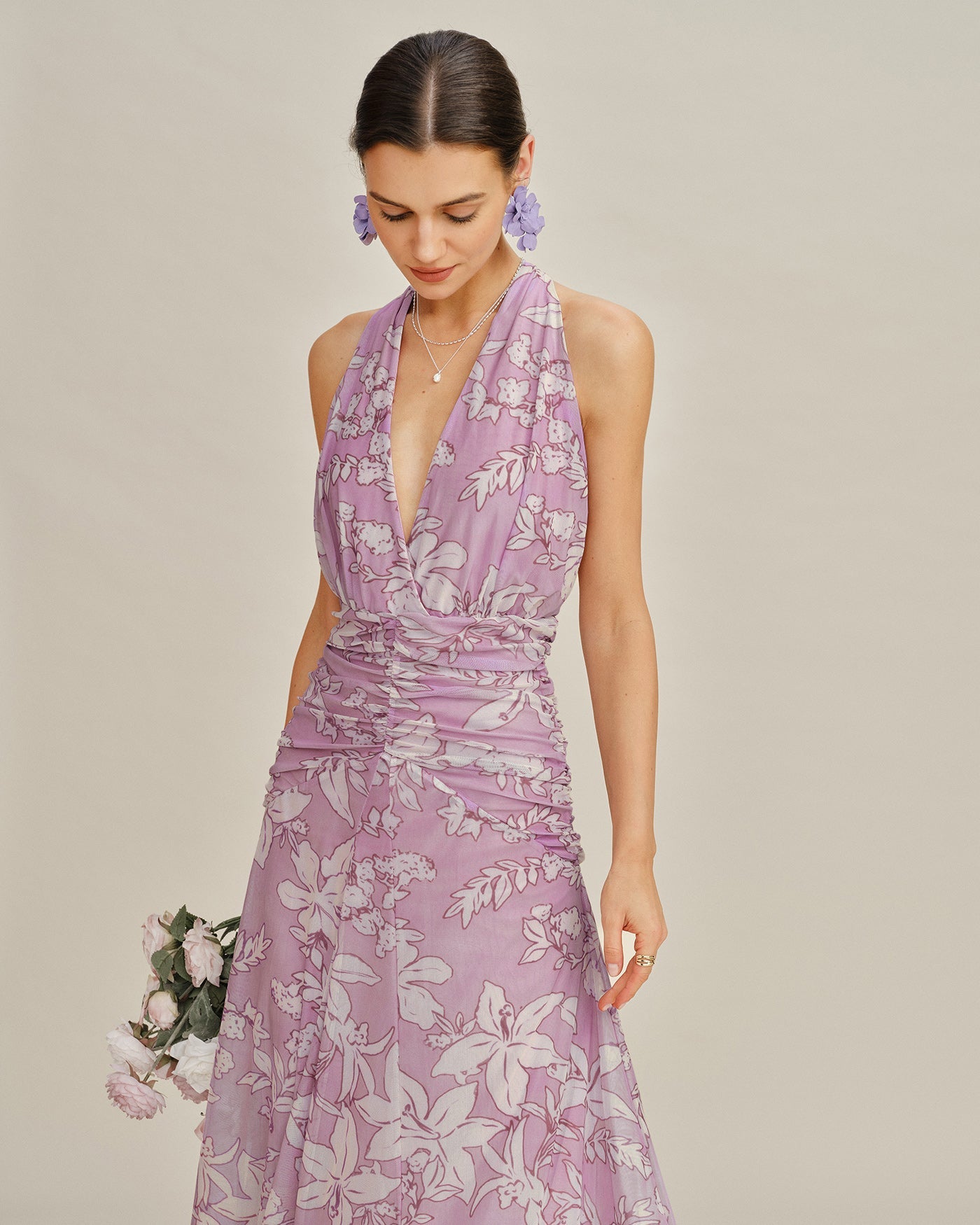 Purple Halter Floral Maxi Dress | Rihoas