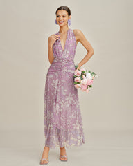 Purple Halter Floral Maxi Dress | Rihoas