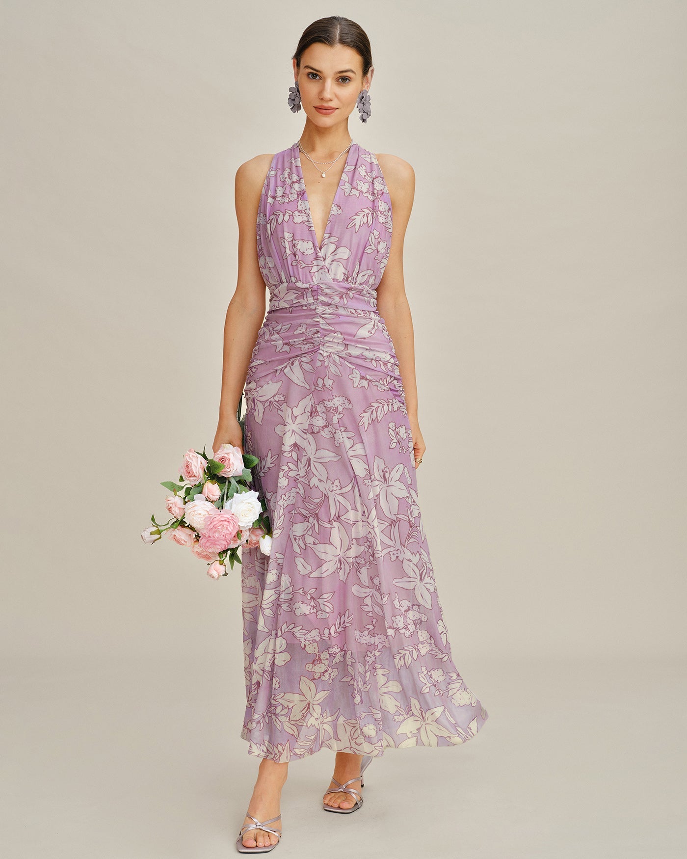 Purple Halter Floral Maxi Dress | Rihoas