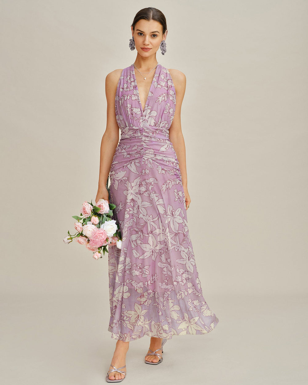Purple Halter Floral Maxi Dress | Rihoas