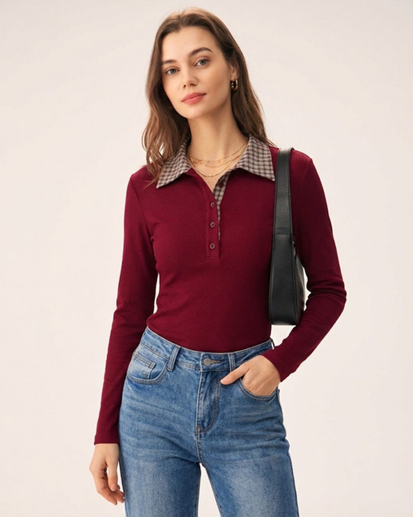 Red Plaid Collar Viscose Tee | Rihoas