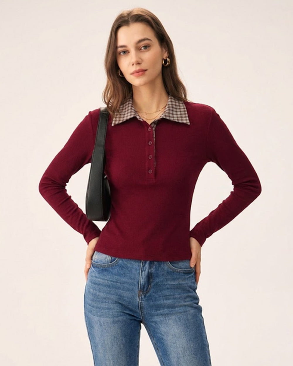 Red Plaid Collar Viscose Tee | Rihoas