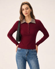 Red Plaid Collar Viscose Tee | Rihoas