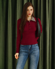 Red Plaid Collar Viscose Tee | Rihoas