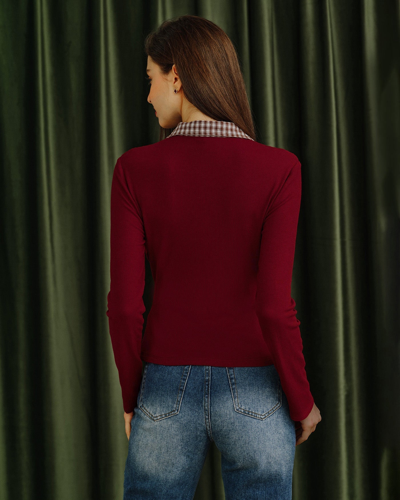 Red Plaid Collar Viscose Tee | Rihoas