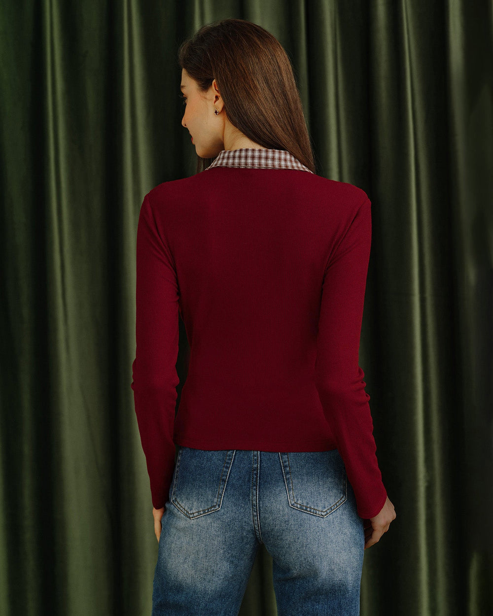 Red Plaid Collar Viscose Tee | Rihoas