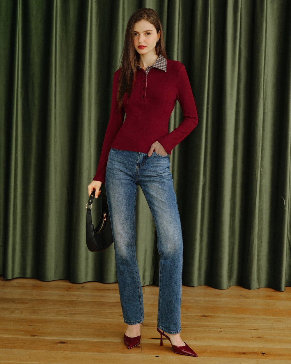 Red Plaid Collar Viscose Tee | Rihoas