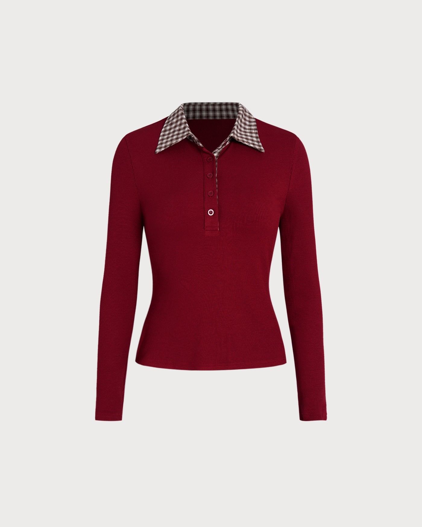Red Plaid Collar Viscose Tee | Rihoas