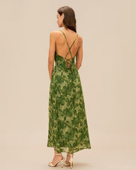 Green Floral X Cross Slip Maxi Dress | Rihoas