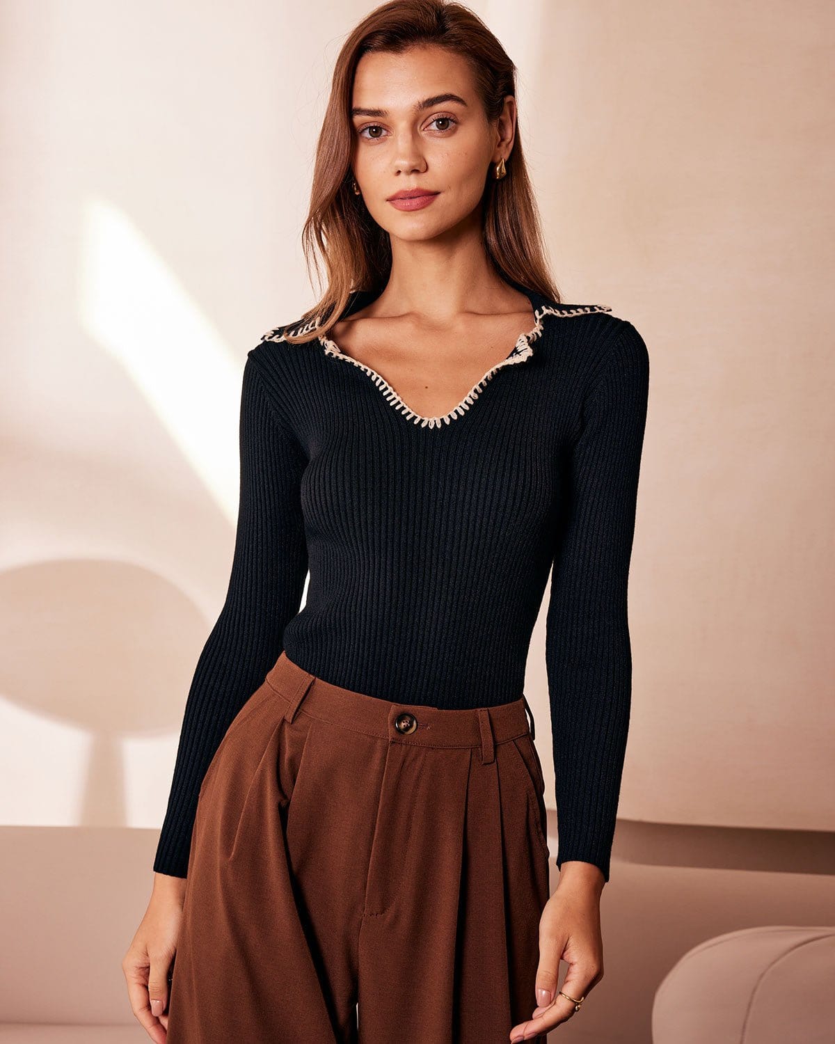 The Black Lapel Seam Colorblock Knit Top | Rihoas