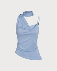 Blue Solid Pleated Tank Top | Rihoas