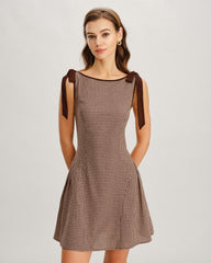 Brown Gingham Tie Strap Mini Dress | Rihoas