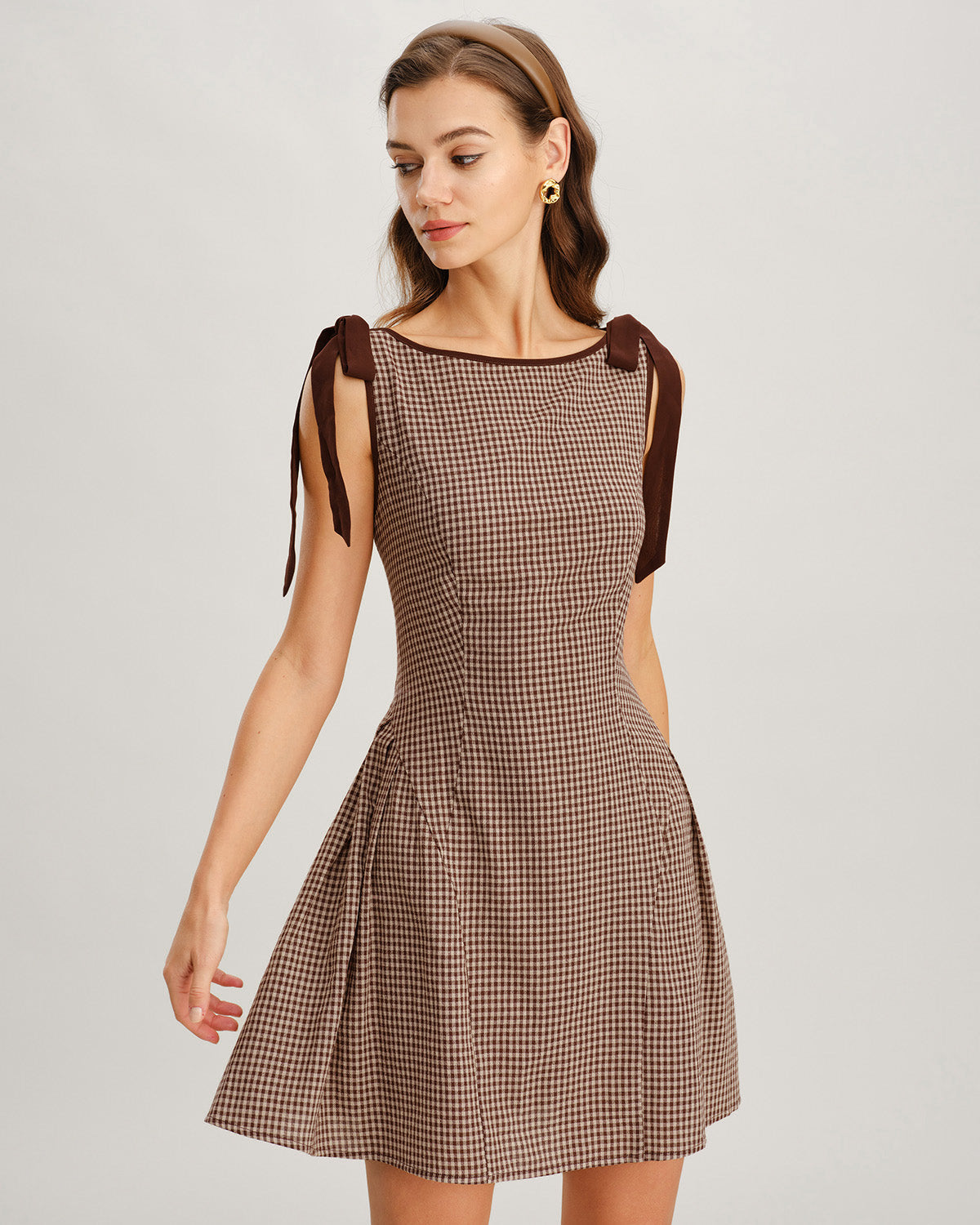 Brown Gingham Tie Strap Mini Dress | Rihoas