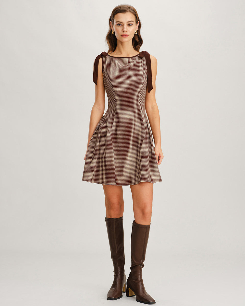 Brown Gingham Tie Strap Mini Dress | Rihoas