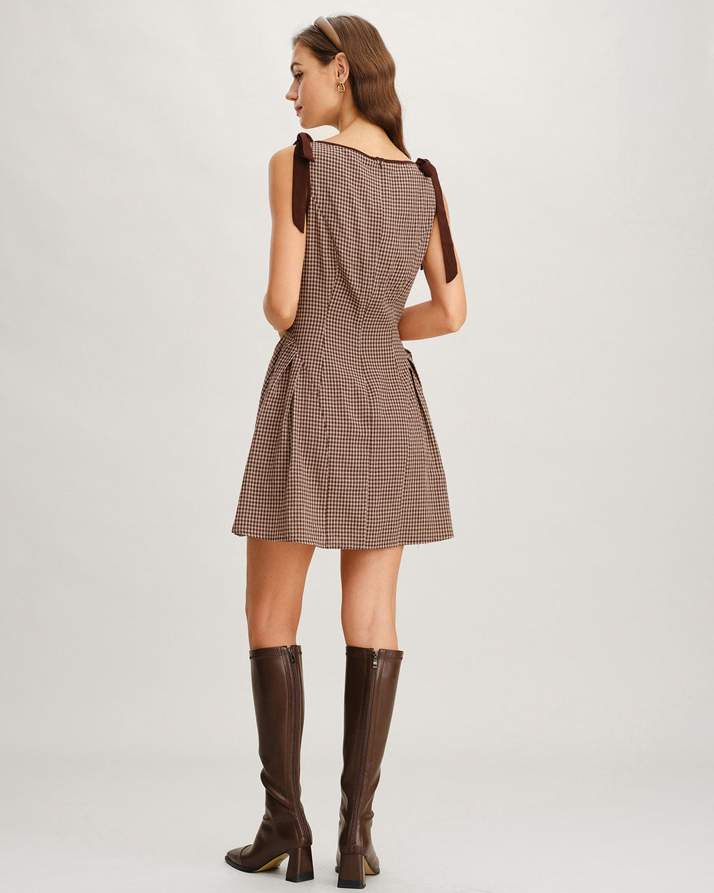 Brown Gingham Tie Strap Mini Dress | Rihoas