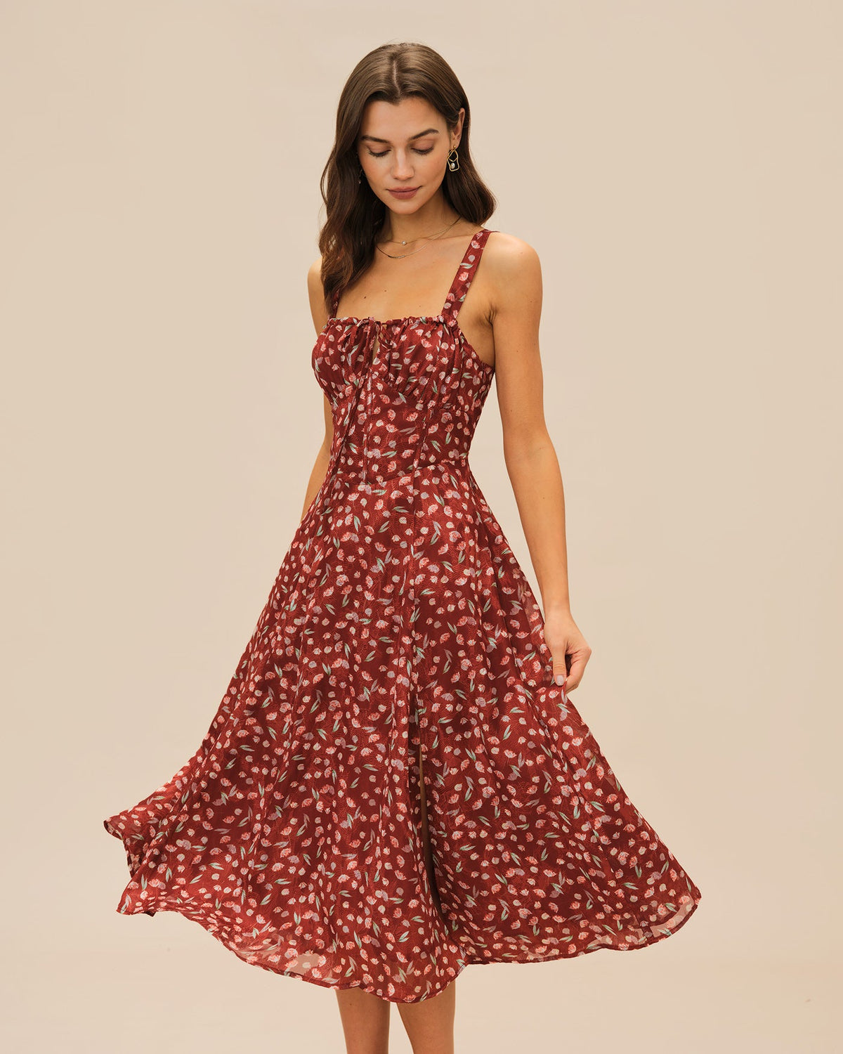 Wine Red Floral Slip Midi Dress | Rihoas