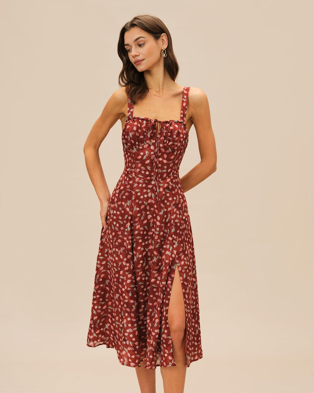 Wine Red Floral Slip Midi Dress | Rihoas