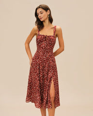Wine Red Floral Slip Midi Dress | Rihoas