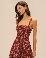 Wine Red Floral Slip Midi Dress | Rihoas