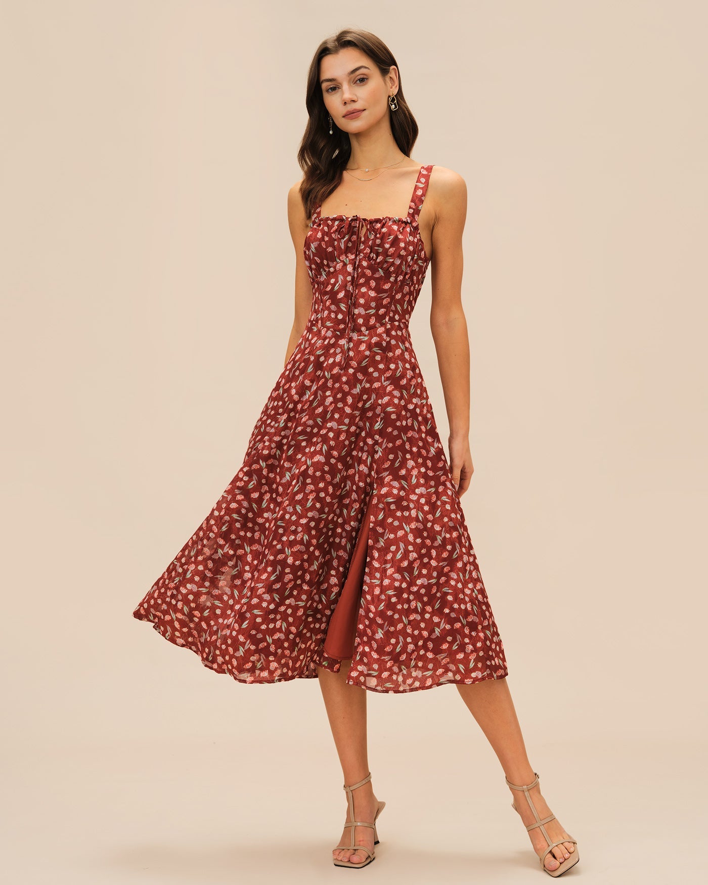 Wine Red Floral Slip Midi Dress | Rihoas