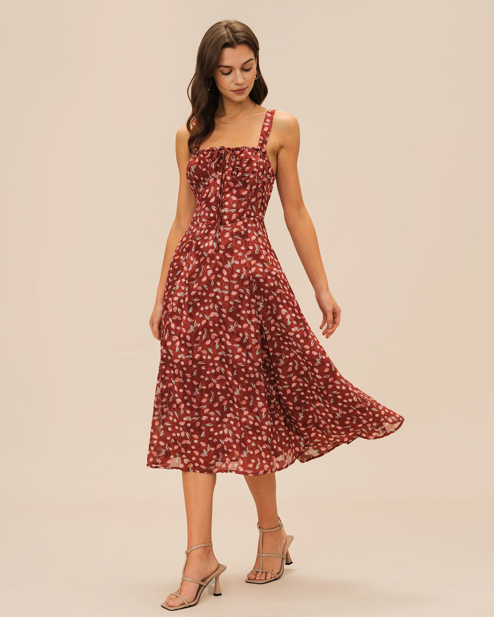 Wine Red Floral Slip Midi Dress | Rihoas