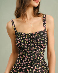Black Floral Zipper Slip Midi Dress | Rihoas
