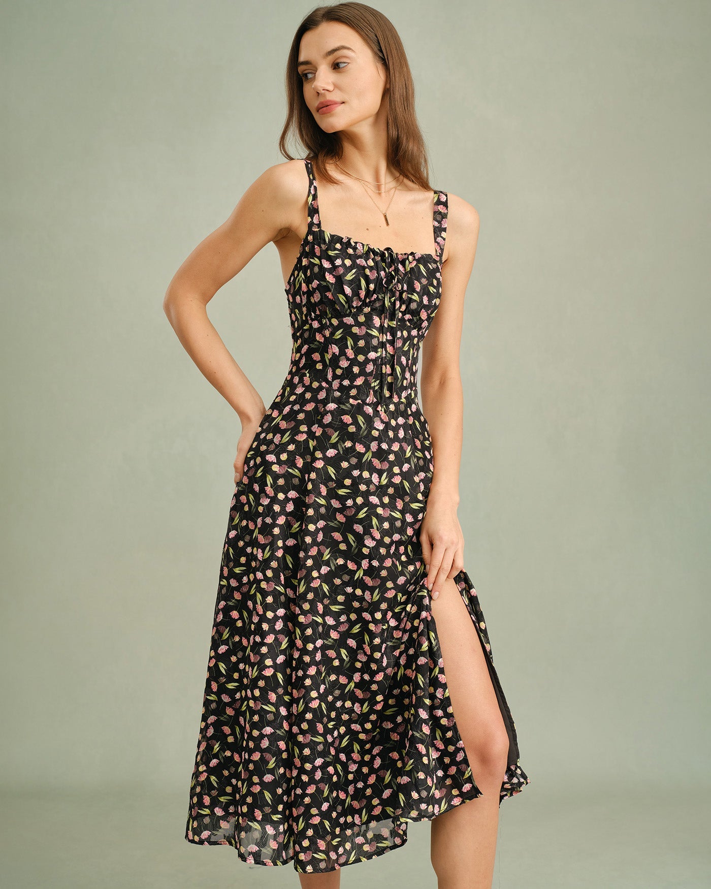 Black Floral Zipper Slip Midi Dress | Rihoas