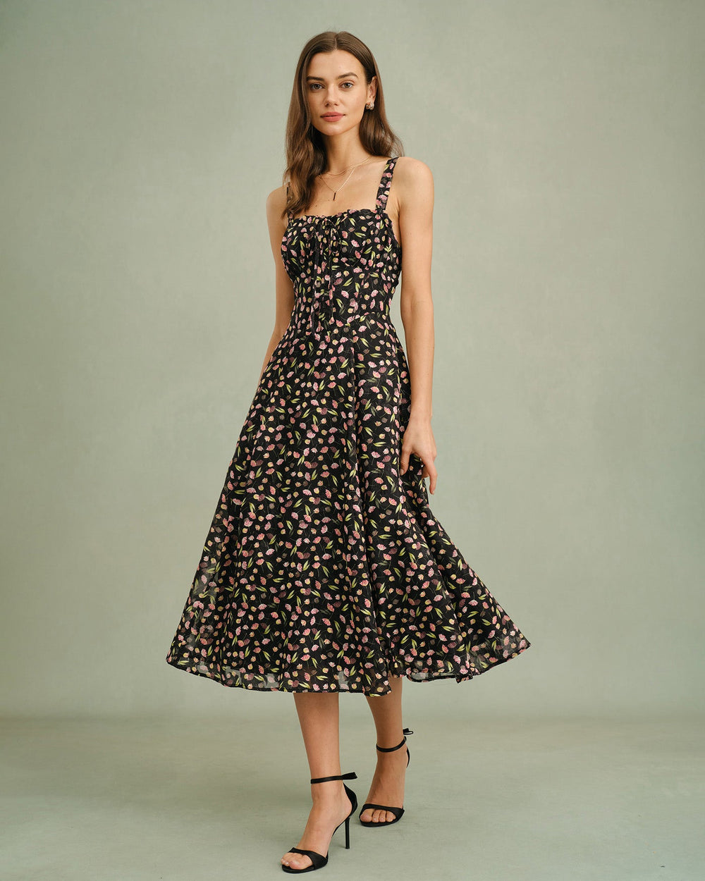 Black Floral Zipper Slip Midi Dress | Rihoas