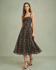 Black Floral Zipper Slip Midi Dress | Rihoas