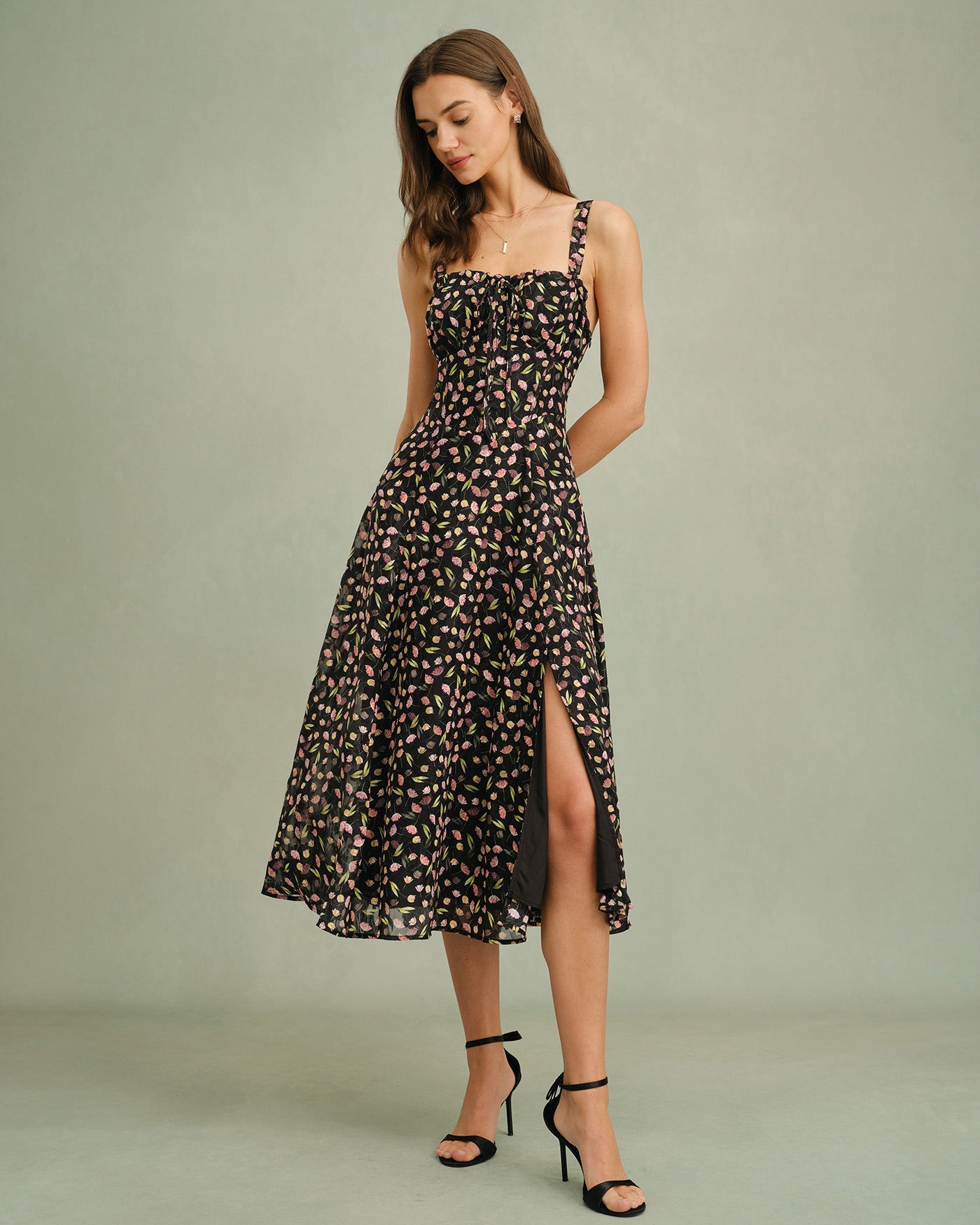 Black Floral Zipper Slip Midi Dress | Rihoas