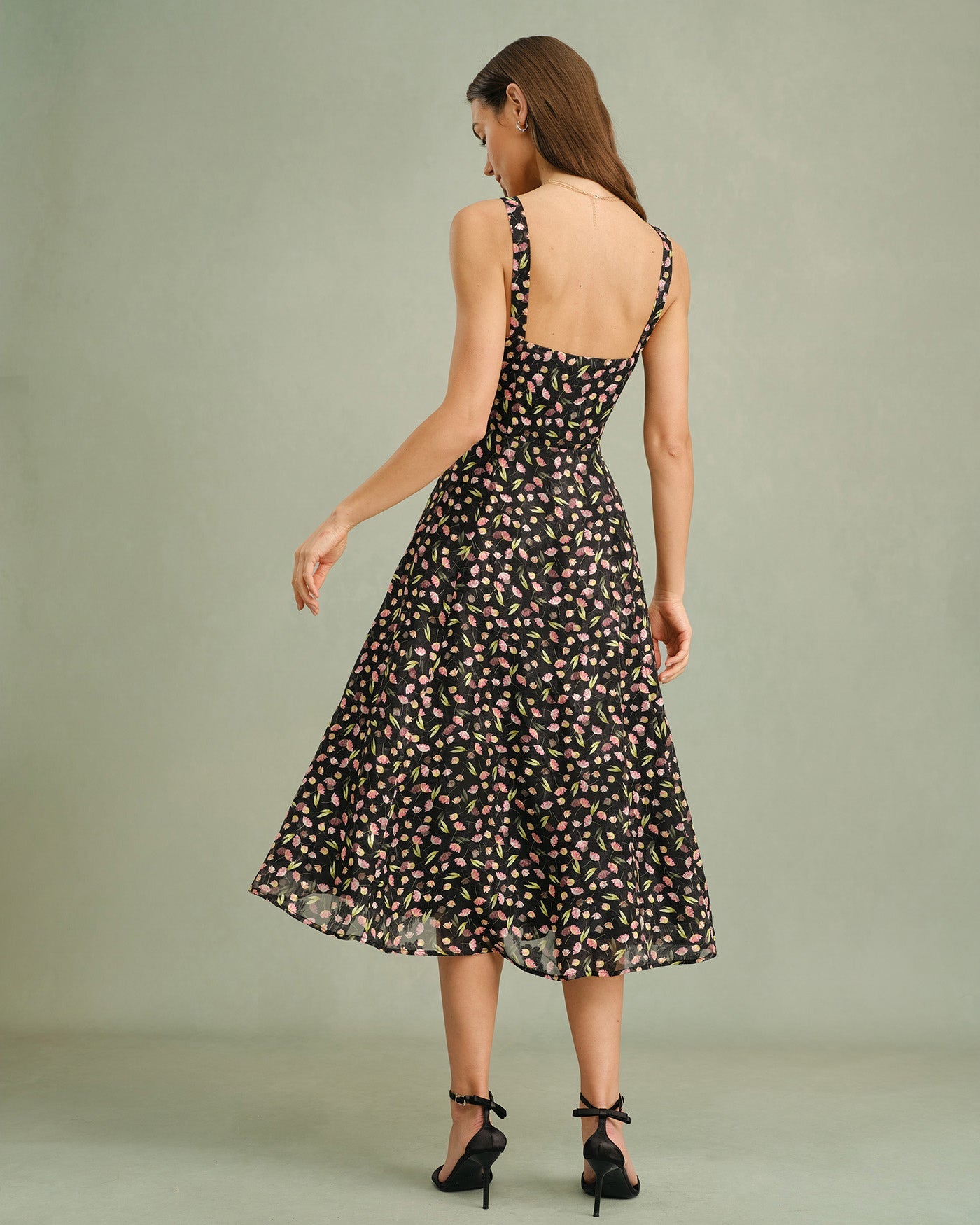 Black Floral Zipper Slip Midi Dress | Rihoas