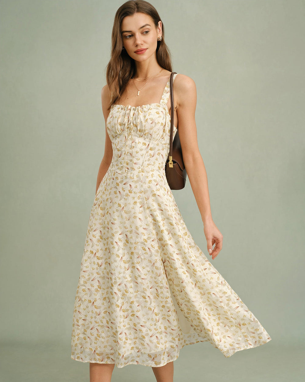 Apricot Floral Zipper Slip Midi Dress | Rihoas
