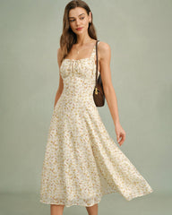 Apricot Floral Zipper Slip Midi Dress | Rihoas