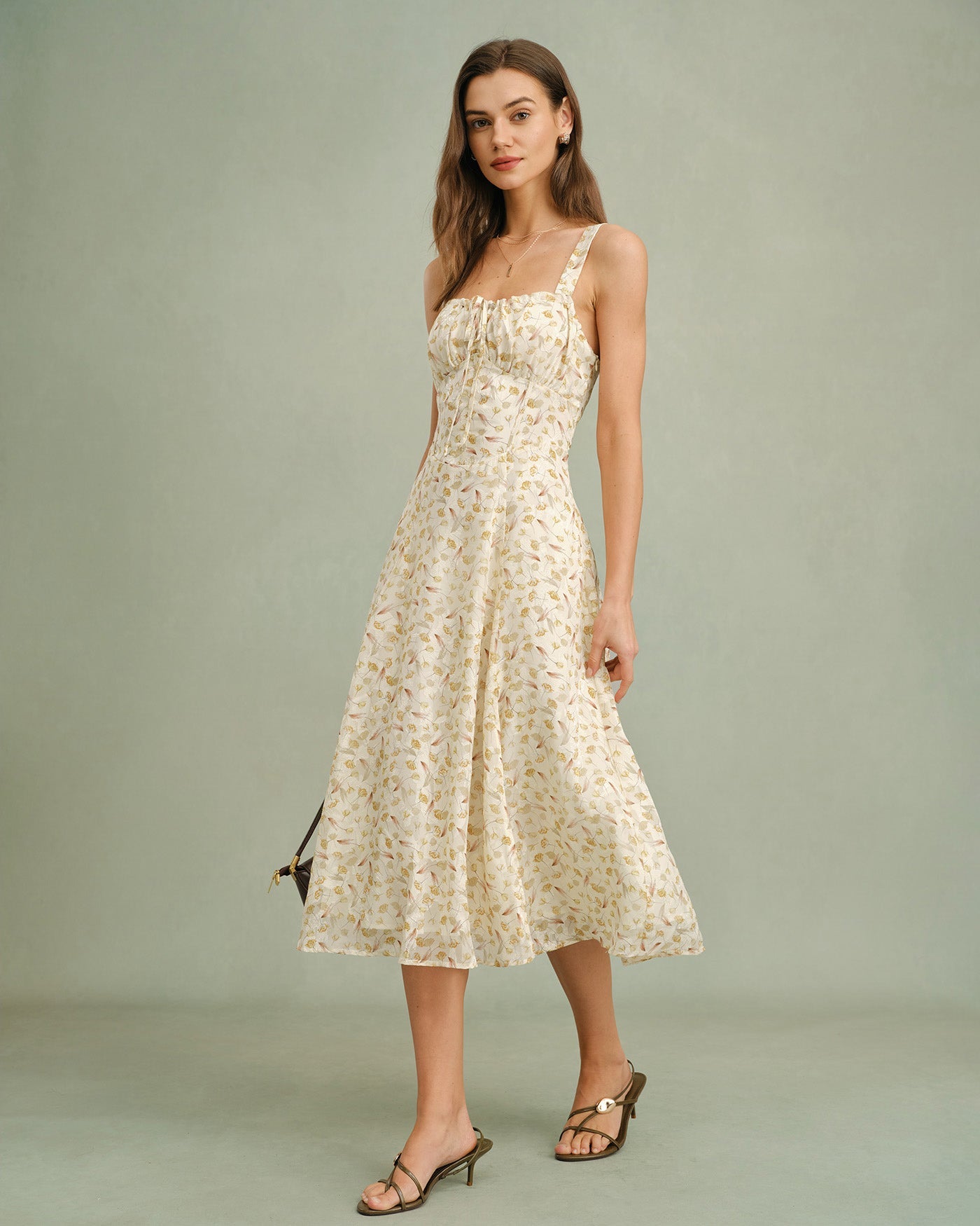 Apricot Floral Zipper Slip Midi Dress | Rihoas
