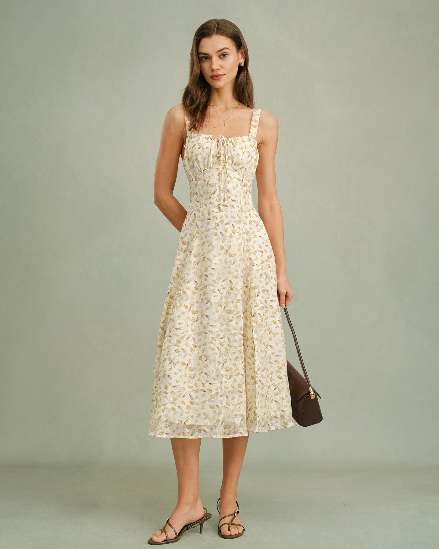 Apricot Floral Zipper Slip Midi Dress | Rihoas