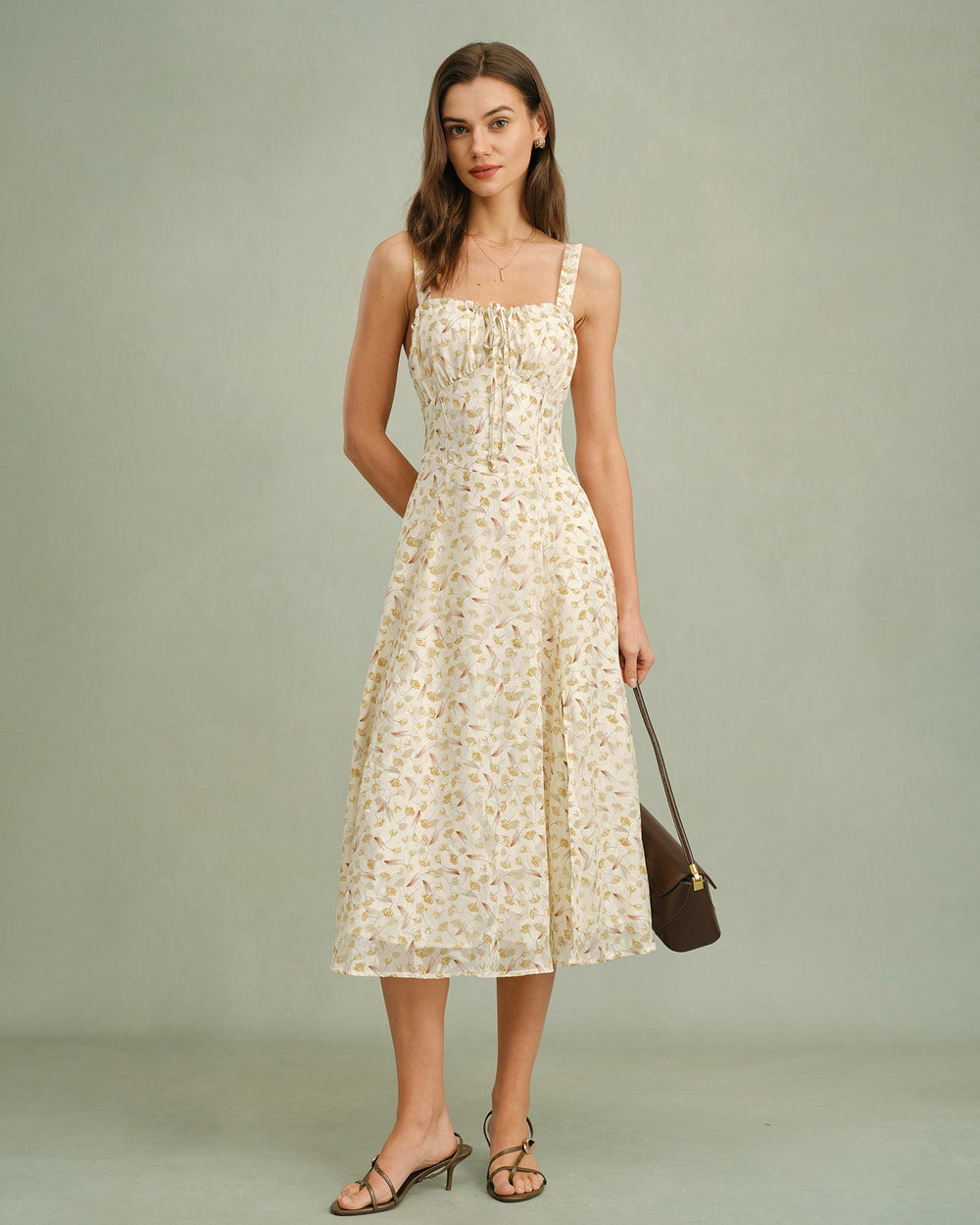 Apricot Floral Zipper Slip Midi Dress | Rihoas