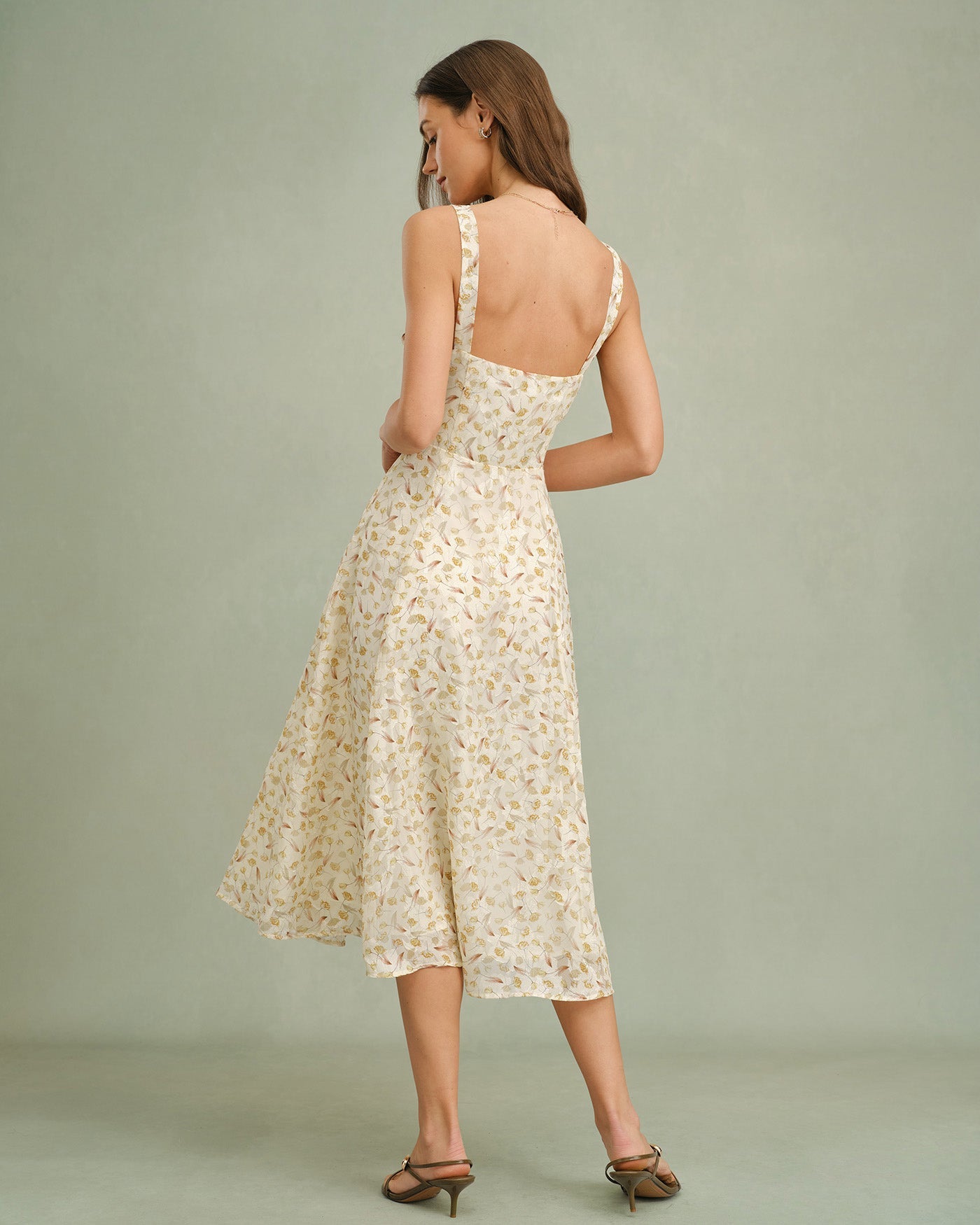 Apricot Floral Zipper Slip Midi Dress | Rihoas