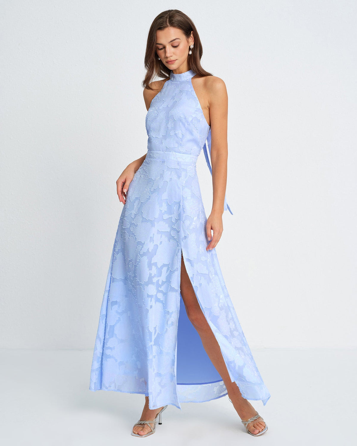 Blue Mock Neck Jacquard Maxi Dress | Rihoas